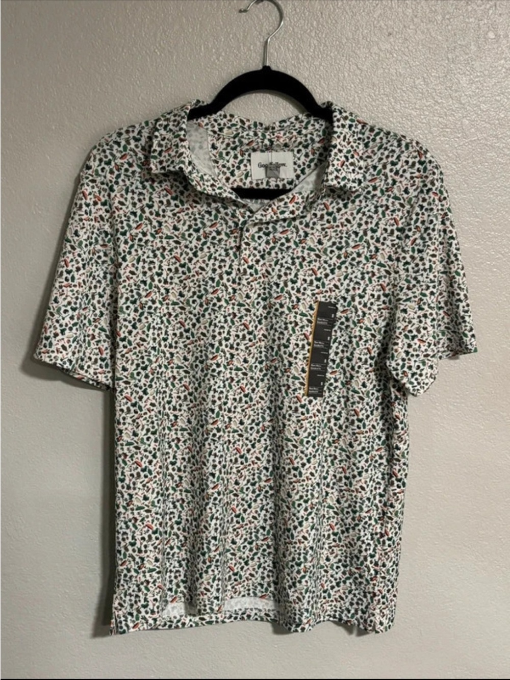 Goodfellow & Co White Polo with Green and Red Micro Floral Print